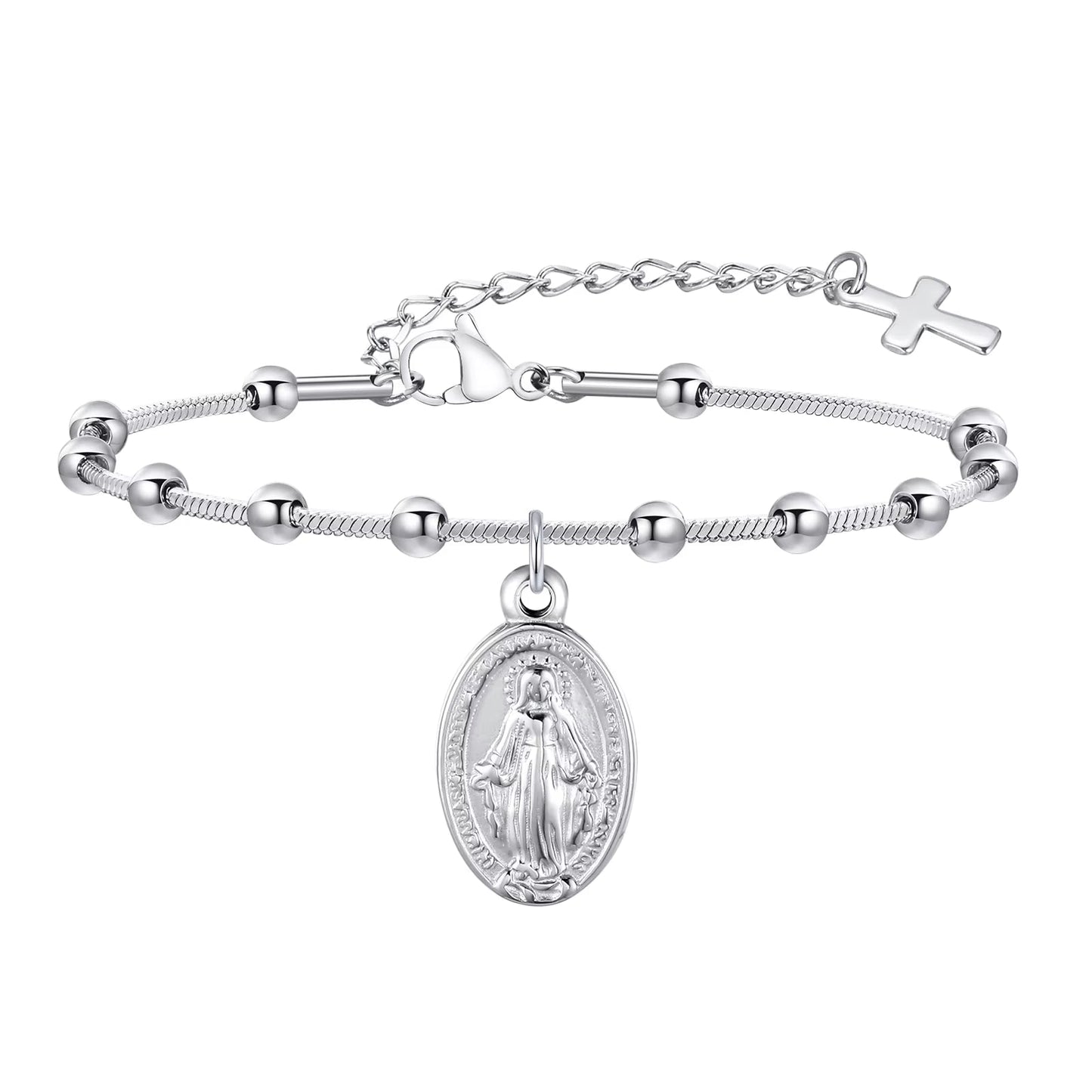 Rosary Bracelet for Women Girls, Gold Plated Stainless Steel Religious Cross and Virgin Mary Prayer Bracelets Gifts